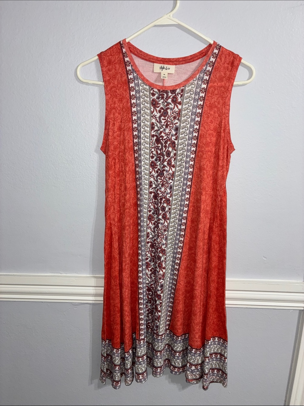 Style & Co Coral Orange Floral Paisley Border Print Tank Dress, Petite Small PS